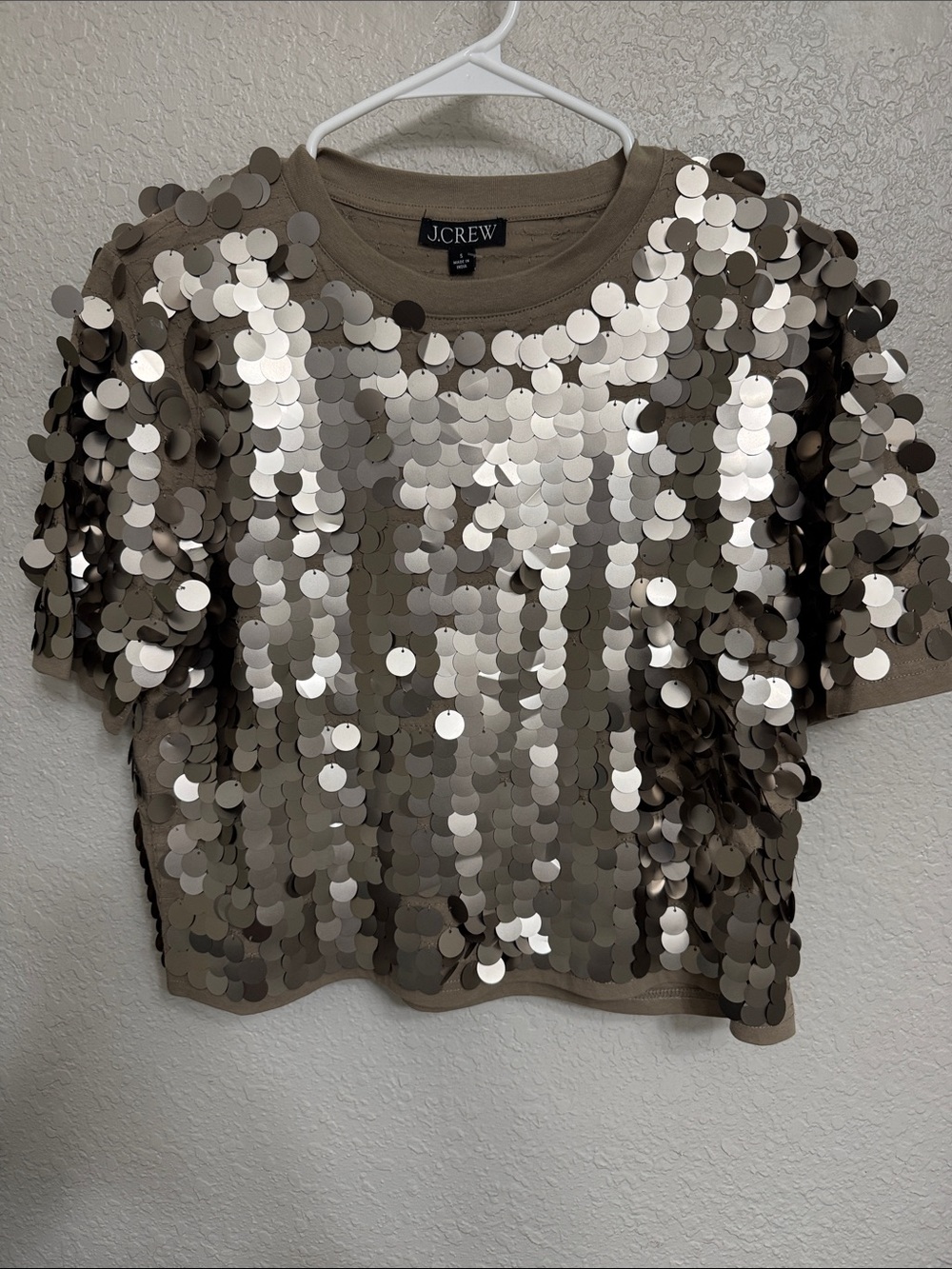 J. Crew Olive Crop Top with Oversized Silver Sequins